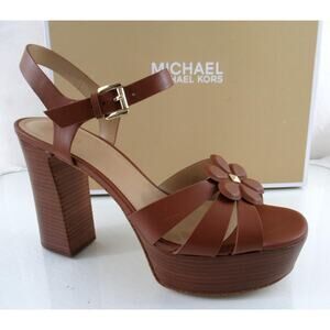 Michael Kors Nellie Platform High Heels Sandals Leather Luggage Tan Size 9